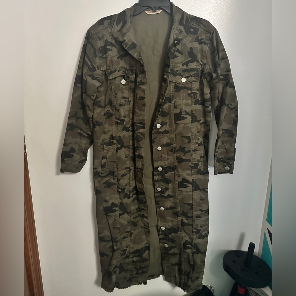 Long Camo Ripped Jean Jacket